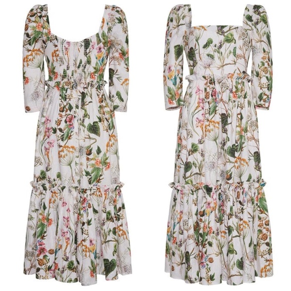 Cara Cara Blue Hill Whimsical Ivory Midi Dress Floral Linen Ruffle Tier - Size 4 - Picture 1 of 10